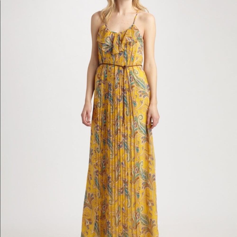 Tibi silk paisley print scoop back ruffle neck spaghetti strap maxi dress sz 2